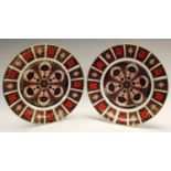 A pair of Royal Crown Derby Imari palette 1128 pattern dinner plates, 27cm diameter, printed marks,