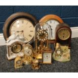 A brass anniversary clock, other wall clocks, carriage clock,