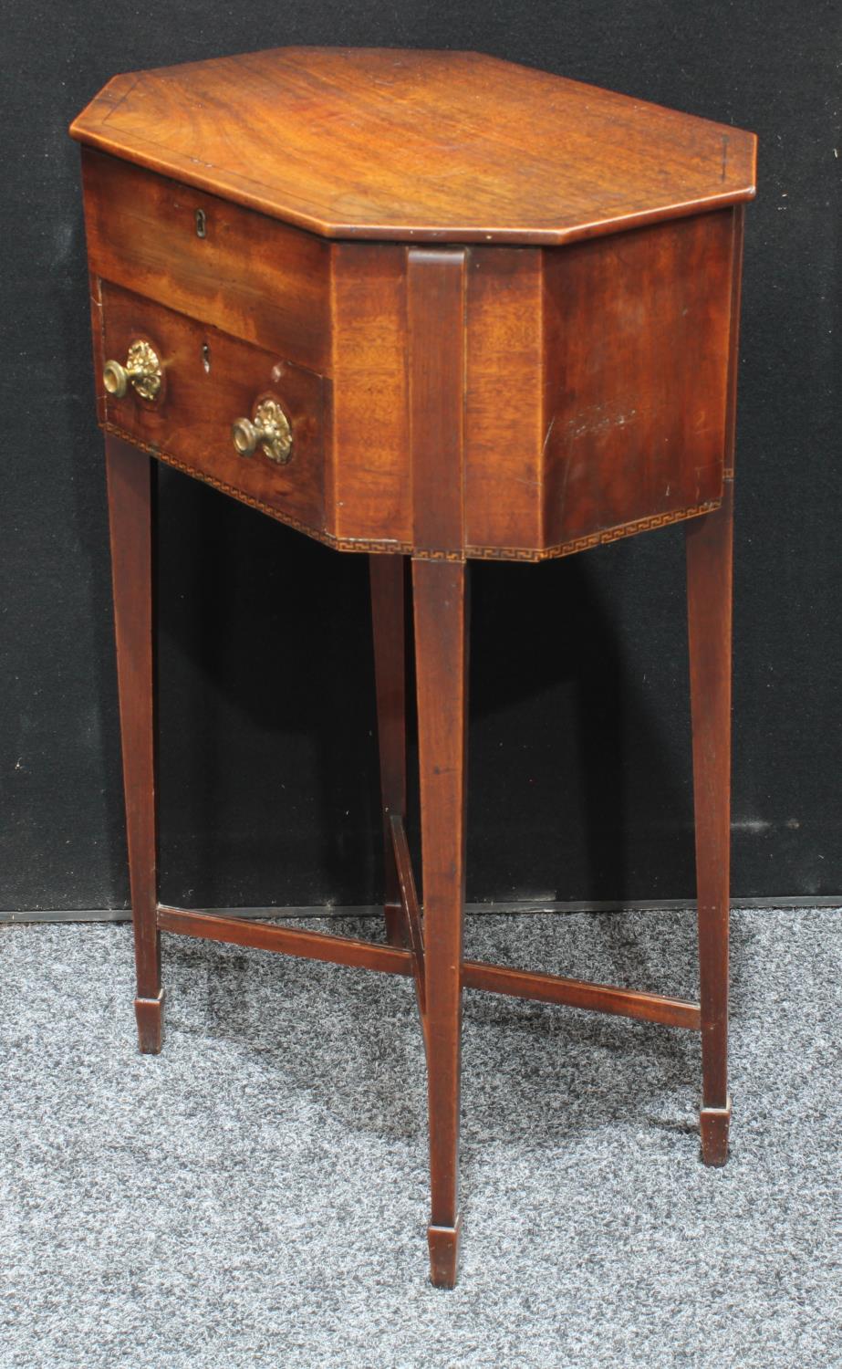 A 'George III' mahogany octagonal work table, hinged top enclosing a pair of removable trays, - Image 4 of 6