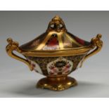 A Royal Crown Derby Imari palette 1128 pattern navette shaped pedestal two handled vase and cover,