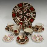 An Abbeydale Chrysanthemum pattern shaped circular dessert plate, pair of coffee cans and saucers,