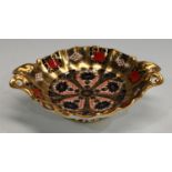 A Royal Crown Derby Imari palette 1128 pattern pedestal bon-bon dish, solid gold band,