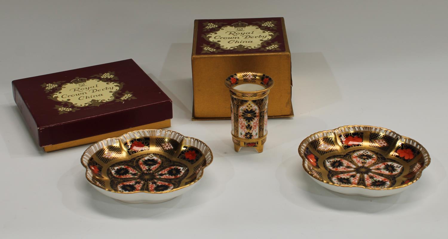 A pair of Royal Crown Derby Imari palette 1128 pattern five petal pin dishes, 12cm diam,