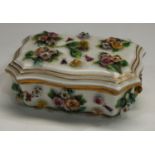 A Dresden shaped rectangular table vesta and cover, encrusted with flowers, painted with insects,