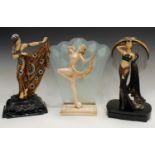 A Veronese Design resin Art Deco style model of a Dancing Girl, another similar, stepped black base,
