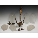 A set of six Art Deco clear and frosted glass fan shaped light shades, angular form, each 28cm high,