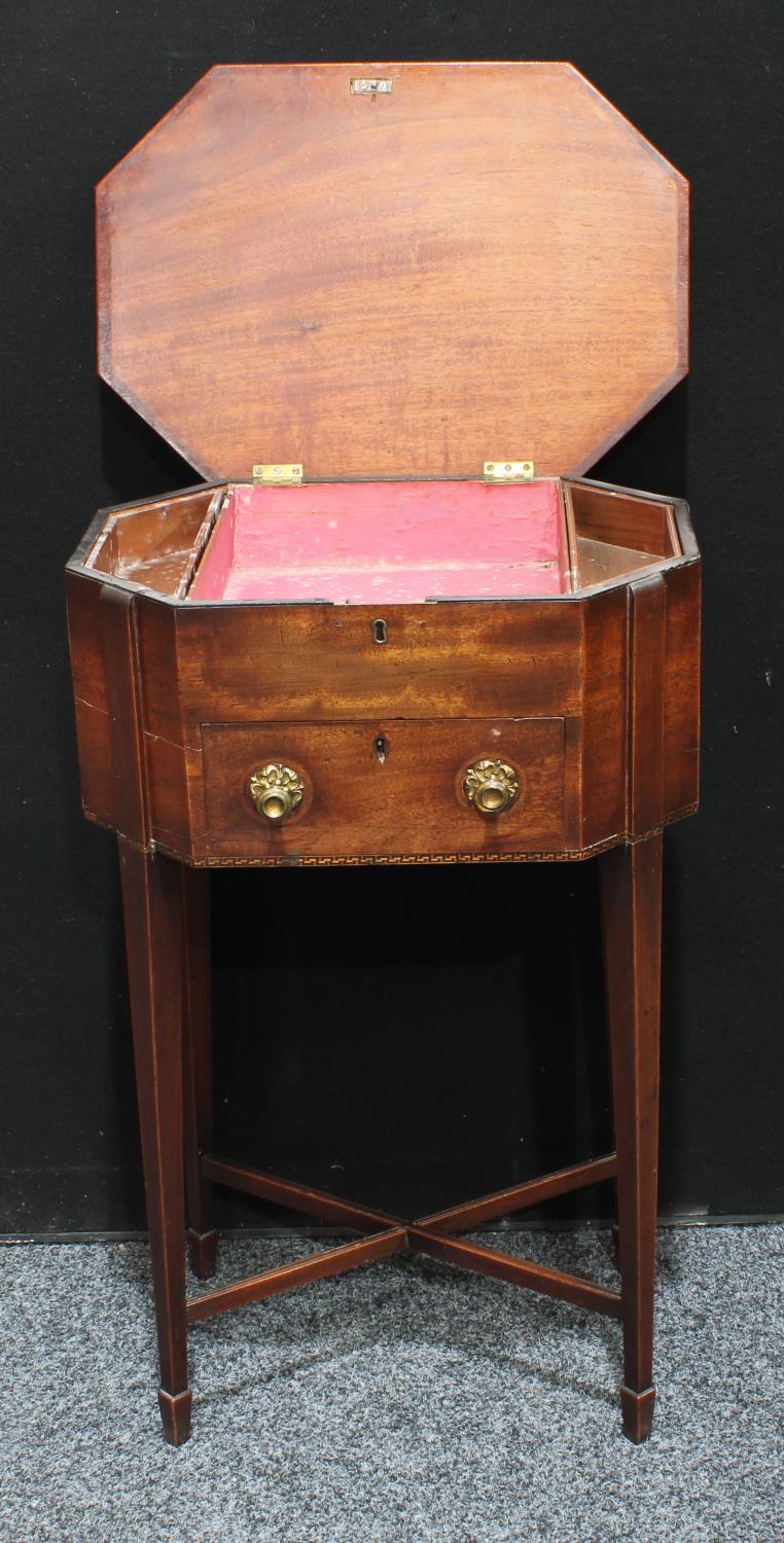 A 'George III' mahogany octagonal work table, hinged top enclosing a pair of removable trays, - Image 2 of 6