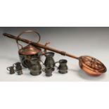 A Victorian copper kettle; a copper warming pan,