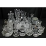 Glassware - a cut glass biscuit barrel and cover, vase, water jug, cream jugs, preserve pots,