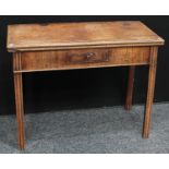 A 'George III' mahogany tea table, hinged rectangular top above a small central frieze drawer,