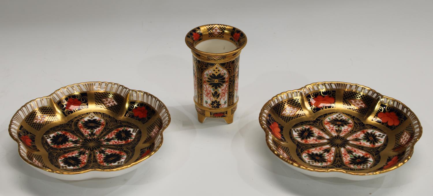 A pair of Royal Crown Derby Imari palette 1128 pattern five petal pin dishes, 12cm diam, - Image 2 of 2