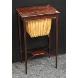 A George III style mahogany sewing or work table, of small and neat proporions, hinged top,
