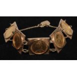 A 9ct gold mounted sovereign bracelet, comprising five gold full sovereigns,