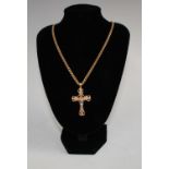 A 14ct yellow and white gold cross pendant curb link necklace, stamped VR 585 14k, 10.