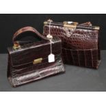 Luxury Fashion - a lady's brown crocodile lady's handbag, brass clasps, 32cm wide; another, similar,