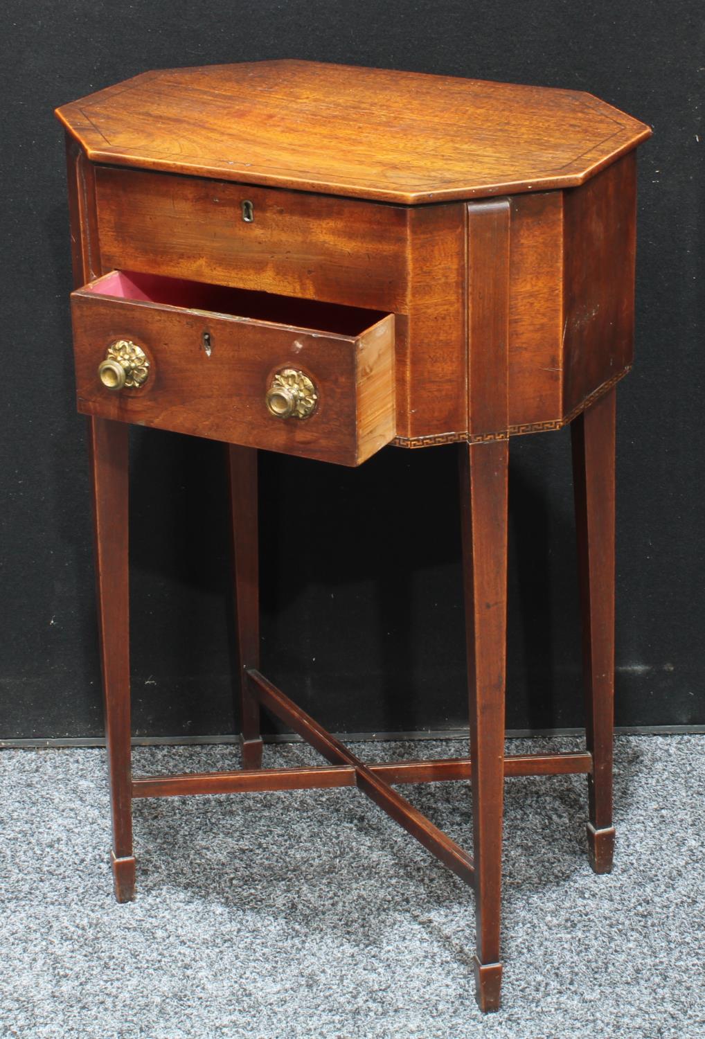 A 'George III' mahogany octagonal work table, hinged top enclosing a pair of removable trays, - Image 5 of 6