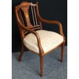 A Sheraton Revival mahogany and marquetry open armchair,