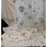 Textiles - hand embroidered floral and lace edged linen tablecloths
