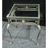 An open metalwork occasional table, square glass bevelled top,