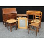 An oak bureau; oak serving table; another; sewing table; chairs;
