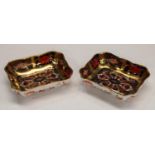 A pair of Royal Crown Derby Imari palette 1128 pattern trinket dishes, solid gold band, 10cm,