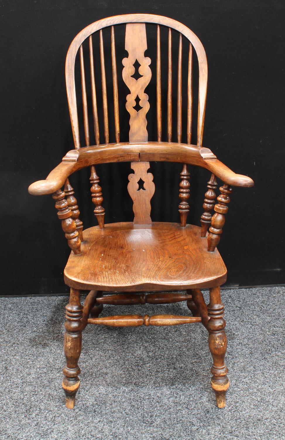 A Country House elm Windsor elbow chair, hoop back, pierced splat, - Image 2 of 4