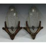 A pair of Art Deco frosted glass fan shaped wall sconces,