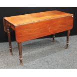 A Victorian mahogany Pembroke table, rectangular top with fall leaves, above a single frieze drawer,