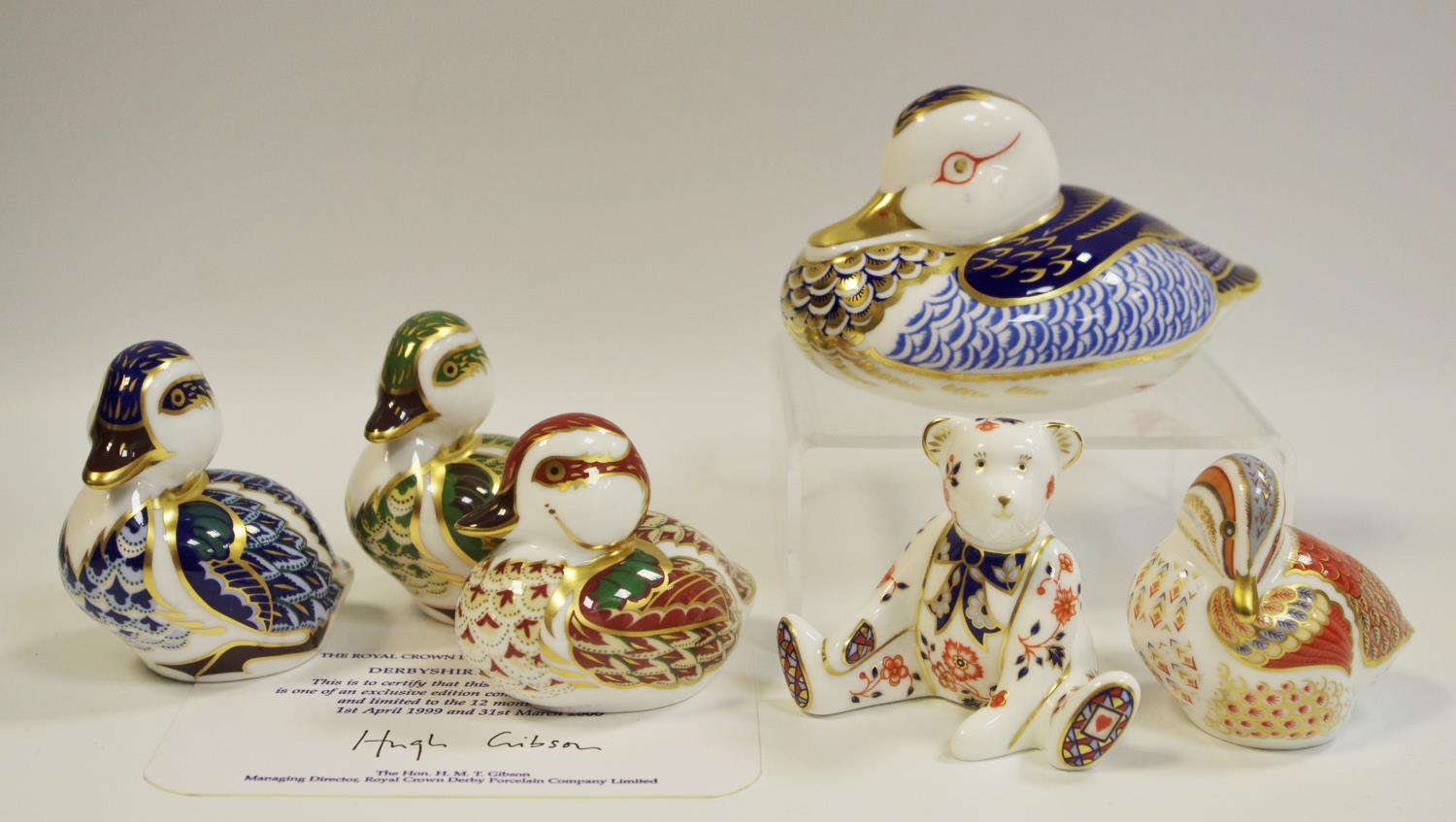 Royal Crown Derby paperweights including Collectors Guild Teal Duckling, gold stopper,