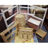 A wine and cheese picnic basket; a raffia Ali Baba laundry basket; a wicker work basket;