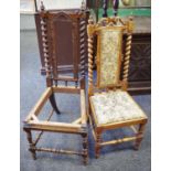 A Victorian walnut child's chair, carved pediment, turned finials to barley twist uprights,