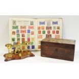 An early 20th century postal scale; George III tea caddy; The Victory school boy stamp album,
