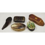 Snuff Boxes - An English papier mache snuff decorated with gent in frock coat circa 1850;