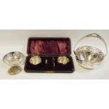 A cased silver salt set, Birmingham 1892 21.9g; a silver sweetmeat dish, Birmingham 1849, 16.