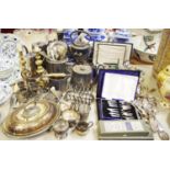 Metalware - Victorian EPBM biscuit casket; coffee pots; spirit kettle on stand; teapots; flatware;