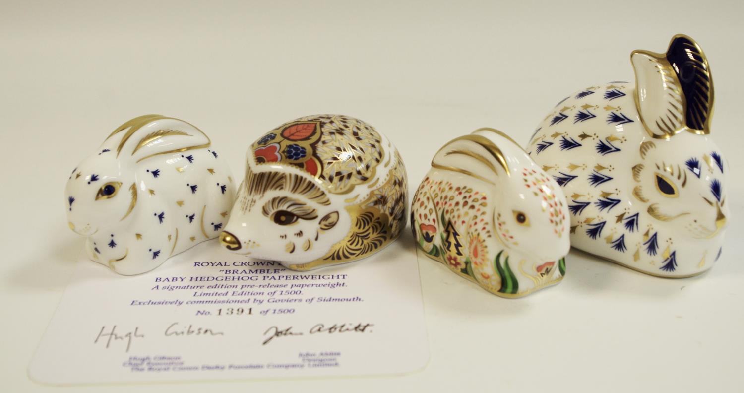 Royal Crown Derby paperweights including Rabbit, gold stopper, boxed; Baby Rabbit, gold stopper,