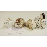 Royal Crown Derby paperweights including Rabbit, gold stopper, boxed; Baby Rabbit, gold stopper,