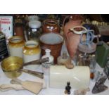Kitchenalia - a Blow butter churn; brass pans; stoneware and glass storage jars;