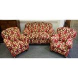 A 1930/40' three piece suite comprising drop arm two seat sofa and two armchairs.