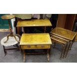 An oak occasional table; a regency reproduction walnut veneered drop leaf occasional table;