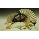 A feather fan; a silk fan, embroidered with flowers, bone slats; others, paper, lace,