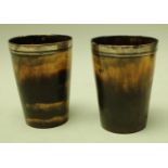 A pair of George III silver mounted horn beakers