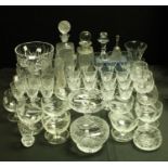 Glassware - a decanter and stopper, another, Brierley cut glass drinking glasses,