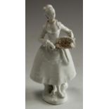 A Vienna figure, in the white, of a lady, holding a basket, 16cm high,