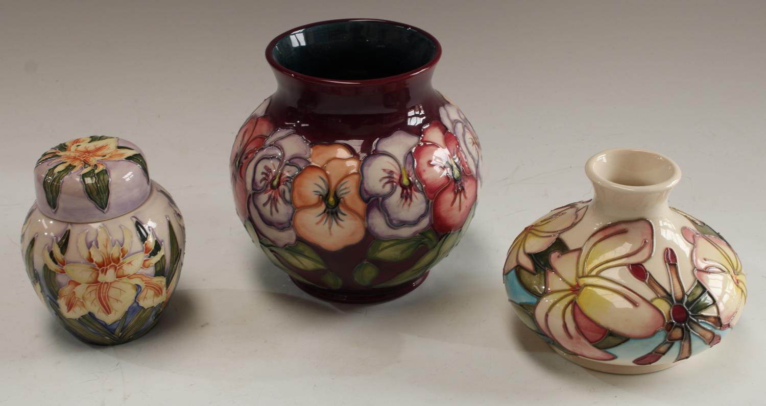 A contemporary Moorcroft Pansy pattern ovoid vase, 15cm; others, ginger jar and cover,