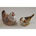 A Royal Crown Derby paperweight, Chicken, printed mark, gold stopper; another, Firecrest,