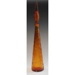 A tall Italian retro amber glass conical-shaped bottle vase and cover, 58cm high, c.