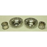 A pair of silver bon bon dishes, Birmingham 1908; a pair of silver napkin rings,