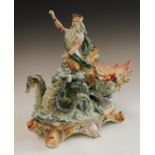 An Italian figural centrepiece, as Neptune and his chariot, pulled by seahorses, scroll base,