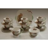A Shelley Heather pattern tea service for six comprising cake plate, cream jug, sugar bowl,